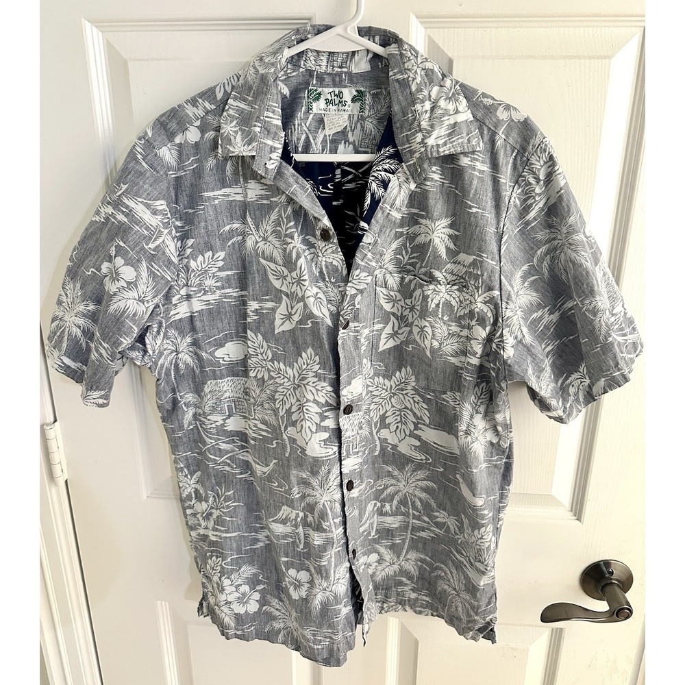 Two Palms Vintage Men's M Gray Blue Cotton Hawaiian Woven Button-Up Shirt